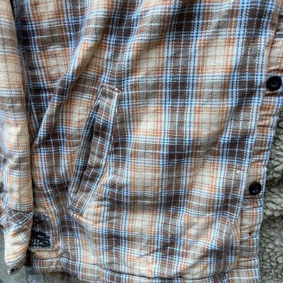 2000s Quiksilver Plaid orange brown flannel distressed | Mens size L beach skate - Picture 3 of 5